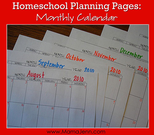 Homeschool Planning Pages Monthly Calendar
