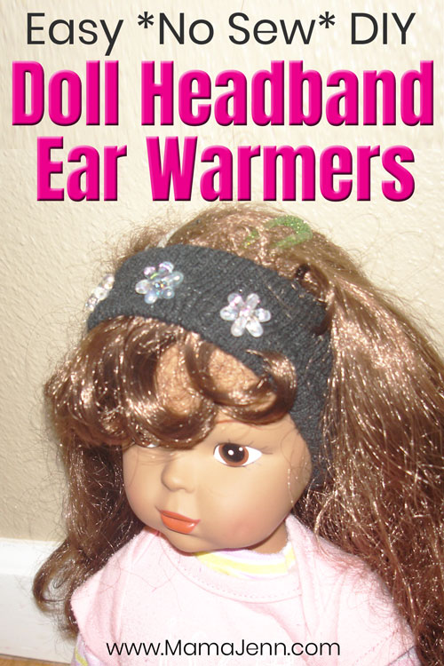 doll with handmade ear warmers with text overlay Easy *NEW SEW* DIY Doll Mittens Ear Warmers made from a glove