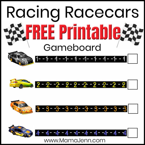 Racing Racecars gameboard with text overlay: Racing Racecars FREE Printable Gameboard