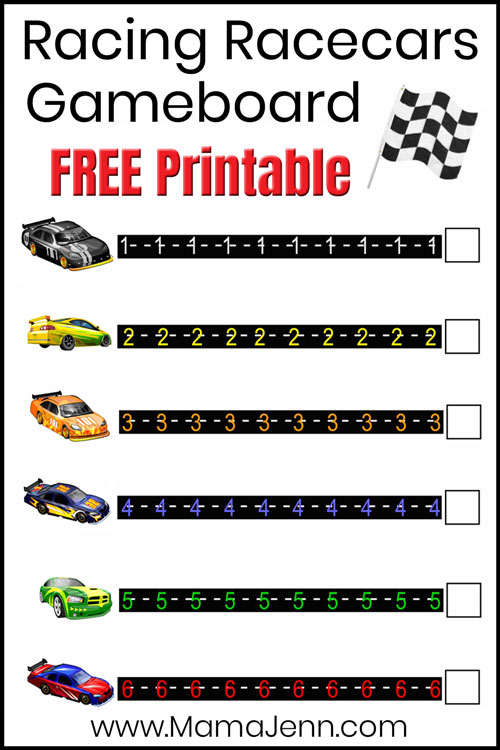 printble race car number game with text overlay: Racing Racecars Gameboard FREE Printable