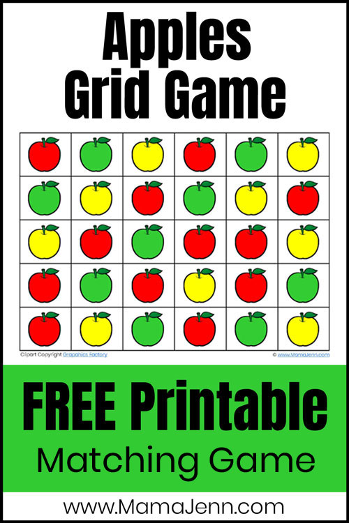 color matching apples grid game with red, yellow, and green apples and text overlay Free Printable Matching Game