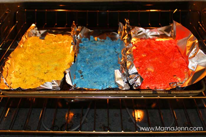 colored sand baking in oven