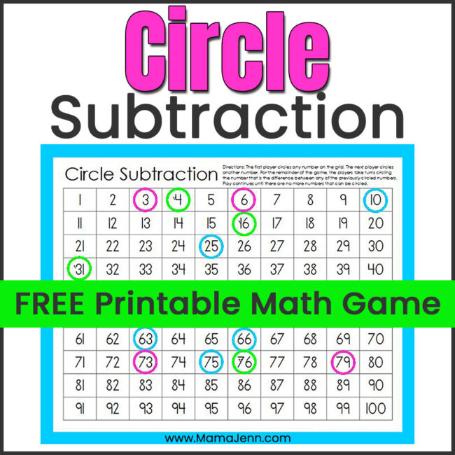 Circle Subtraction FREE Math Game Board