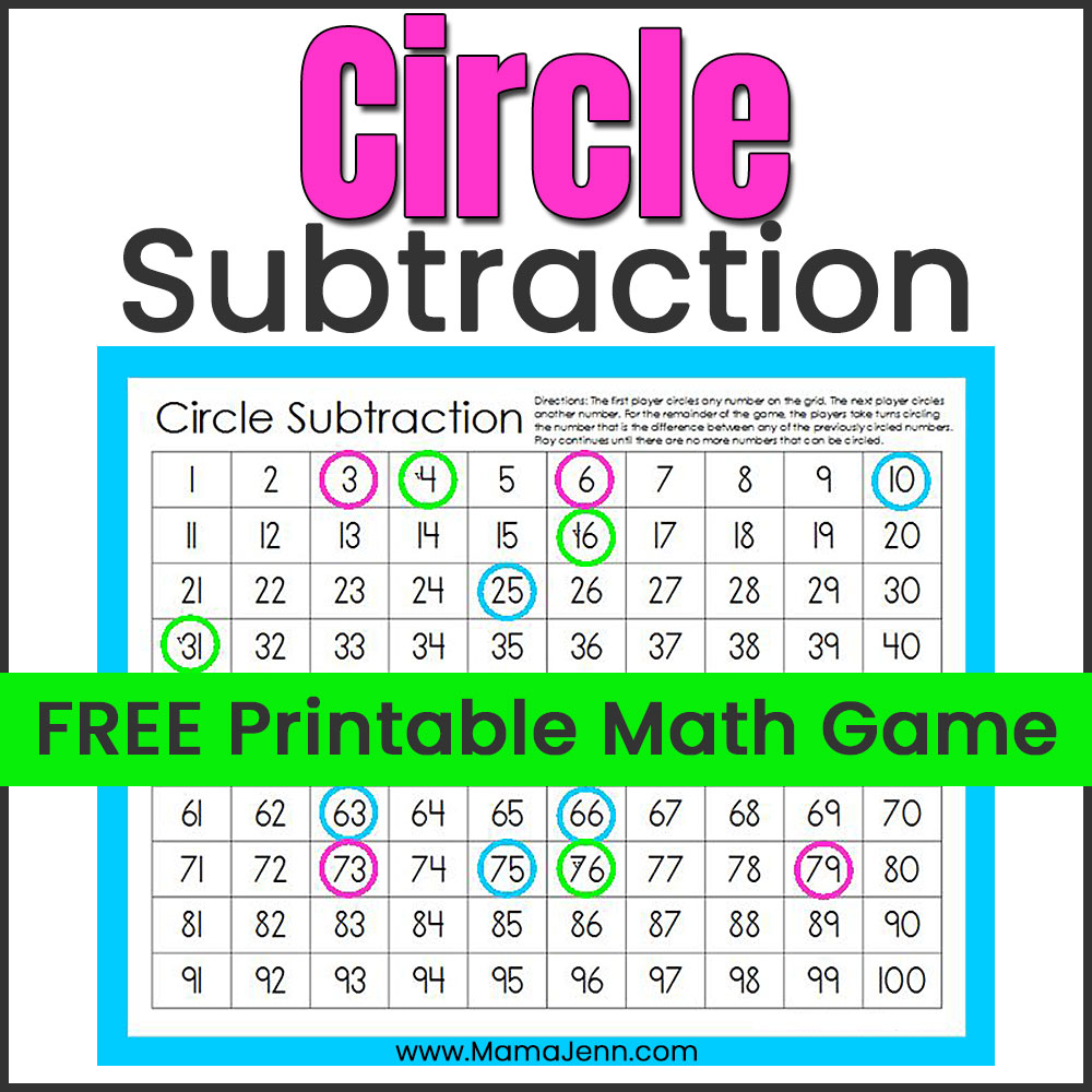 Circle Subtraction FREE Math Game Board