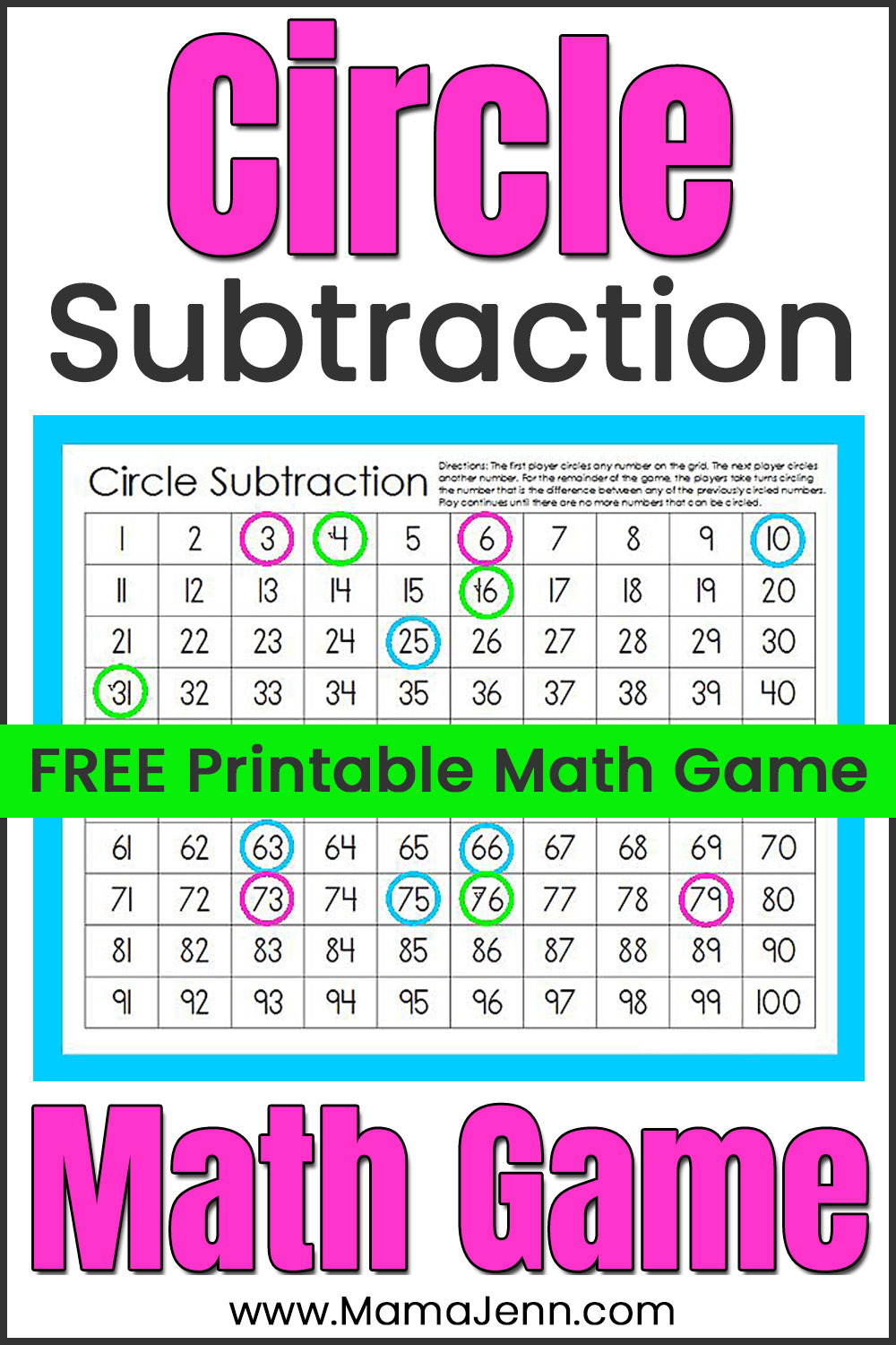 Circle Subtraction FREE Printable Math Game Board