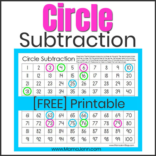 Circle Subtraction game board FREE printable math game