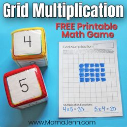 Grid Multiplication Game with Education Cubes with text overlay FREE Printable Math Game