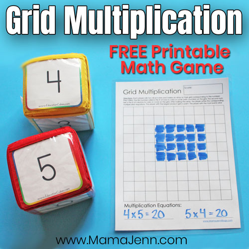 Grid Multiplication Game with Education Cubes with text overlay FREE Printable Math Game