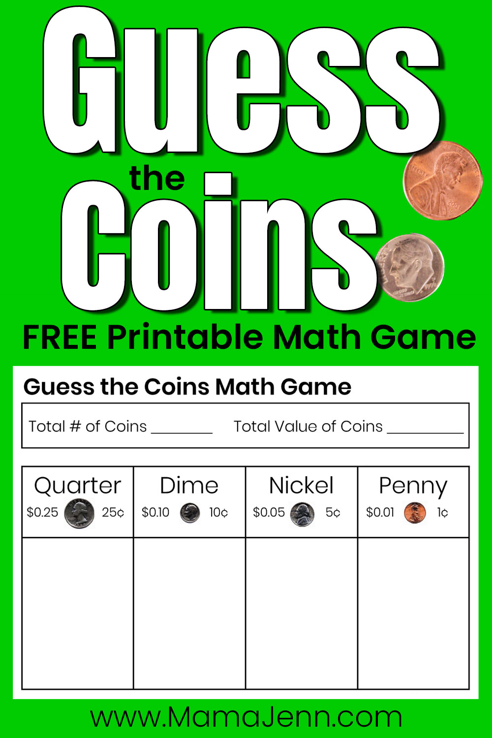 Guess the Coins FREE Printable Money Math Game