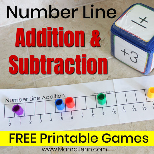 addition game with Education Cubes and text overlay Number Line Addition & Subtraction FREE Printable Games