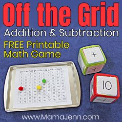 Off the Grid Addition Subtraction Math Game with Education Cubes and text overlay FREE Printable