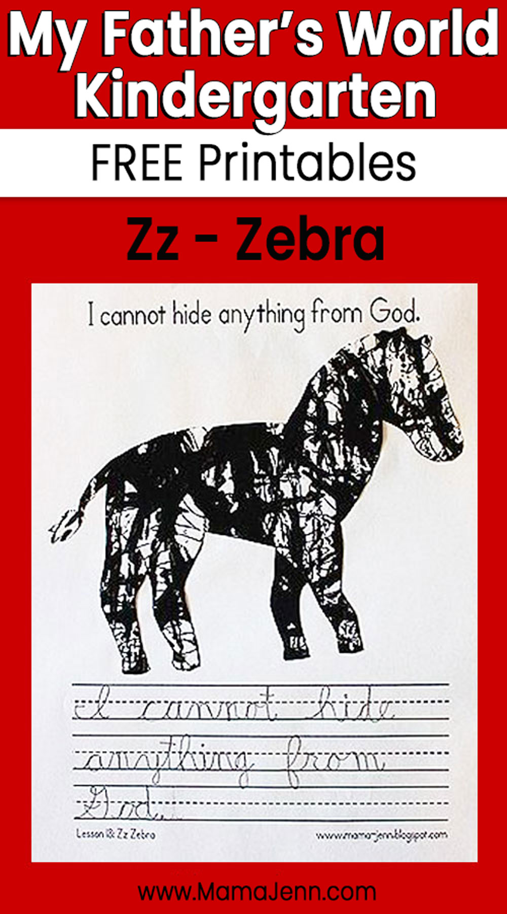 My Father's World Kindergarten Craft and Copywork Printables Zz Zebra