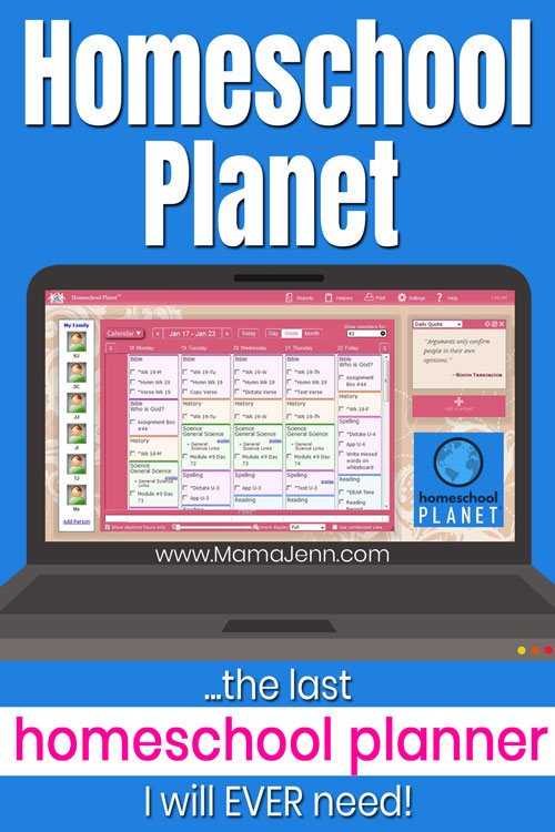 laptop showing Homeschool Planet online planner with text overlay the last homeschool planner I will ever need