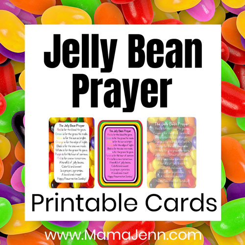 graphic with jelly bean background and Jelly Bean Prayer Cards on white overlay with text Jelly Bean Prayer Printable Cards