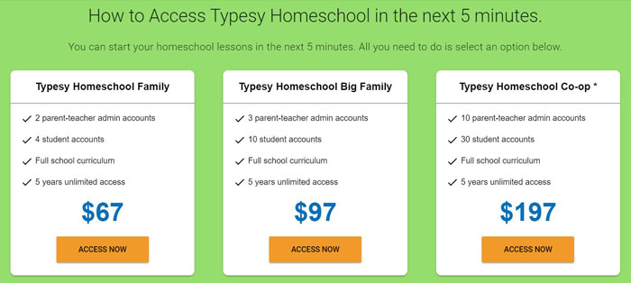 green box with pricing for Typesy Homeschool Keyboarding program