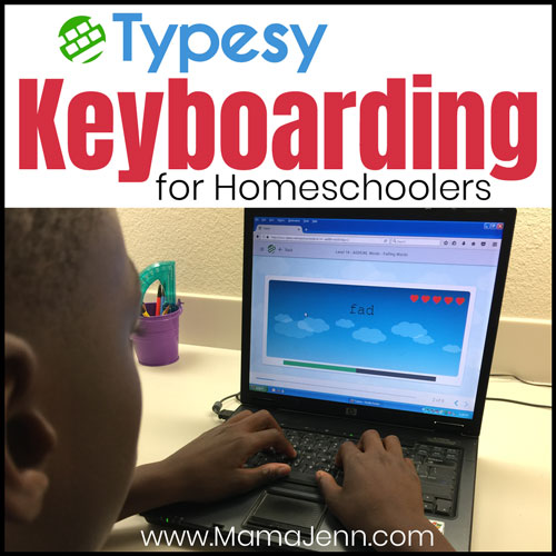 a boy playing a typing game on a laptop with text overlay: Typesy Keyboarding for Homeschoolers