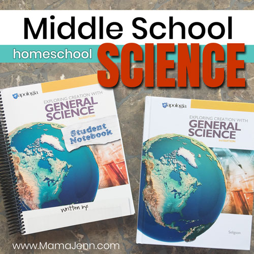 Apologia General Science homeschool textbook and student notebook with text overlay Middle School homeschool Science