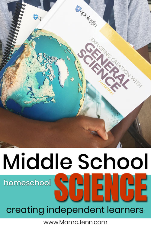 a boy holding the Apologia General Science textbook and notebook in his hands with text overlay Middle School homeschool Science