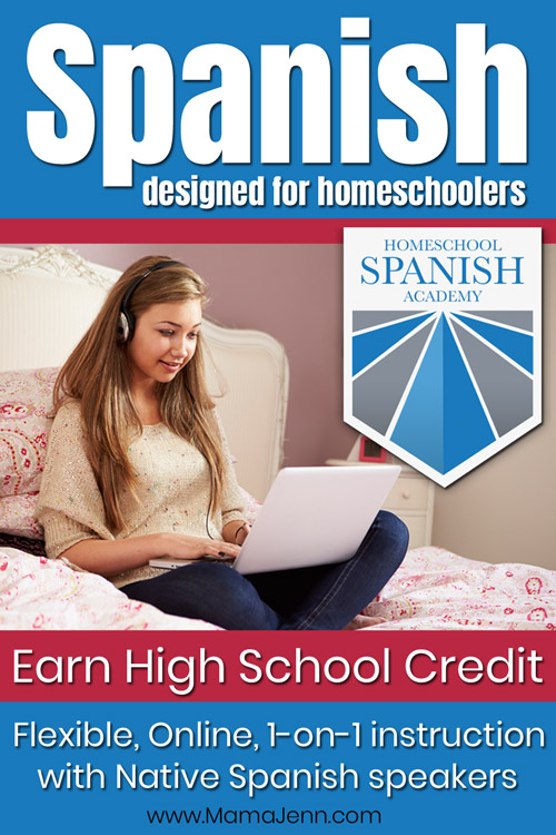 girl with earphones looking at laptop with Homeschool Spanish Academy logo and text overlay Spanish designed for Homeschoolers - Earn High School Credit