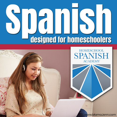 girl with earphones looking at laptop with Homeschool Spanish Academy logo and text overlay Spanish designed for Homeschoolers