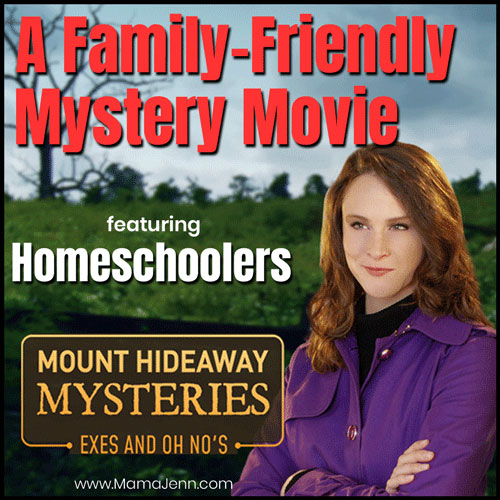 female spy with text overlay A Family-Friendly Mystery Movie featuring Homeschoolers Mount Hideaway Mysteries Exes and Oh No's