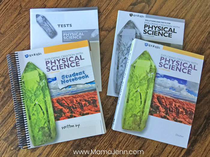 layout of Apologia Physical Science textbook, Student Notebook, Tests & Solutions manual