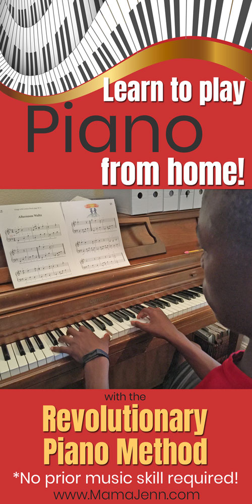 boy playing piano with text overlay Learn to play Piano from home with the Revolutionary Piano Method - No prior music skill required!