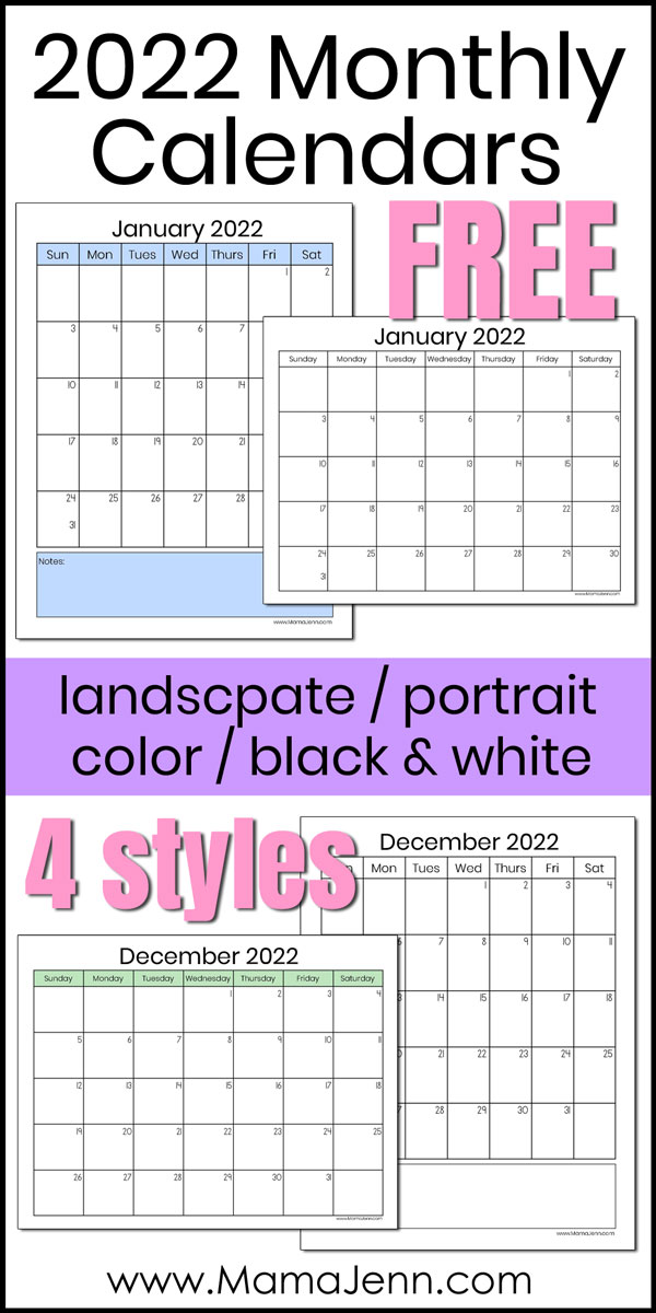 FREE 2022 Monthly Calendars