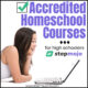 girl looking at laptop with text overlay Accredited Homeschool Courses for Homeschoolers
