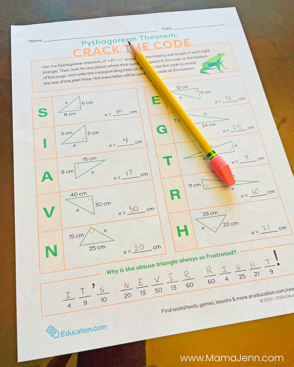 Education.com Pythagorean Theorem Worksheet