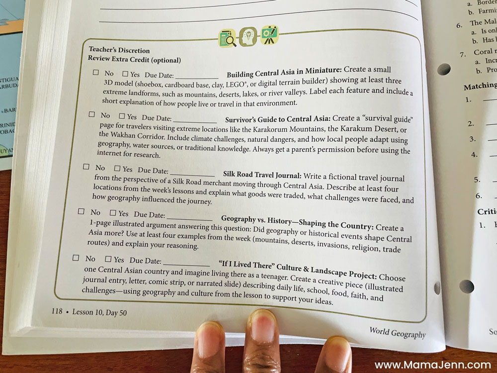Master Books World Geography Homeschool High School Curriculum Optional Activities